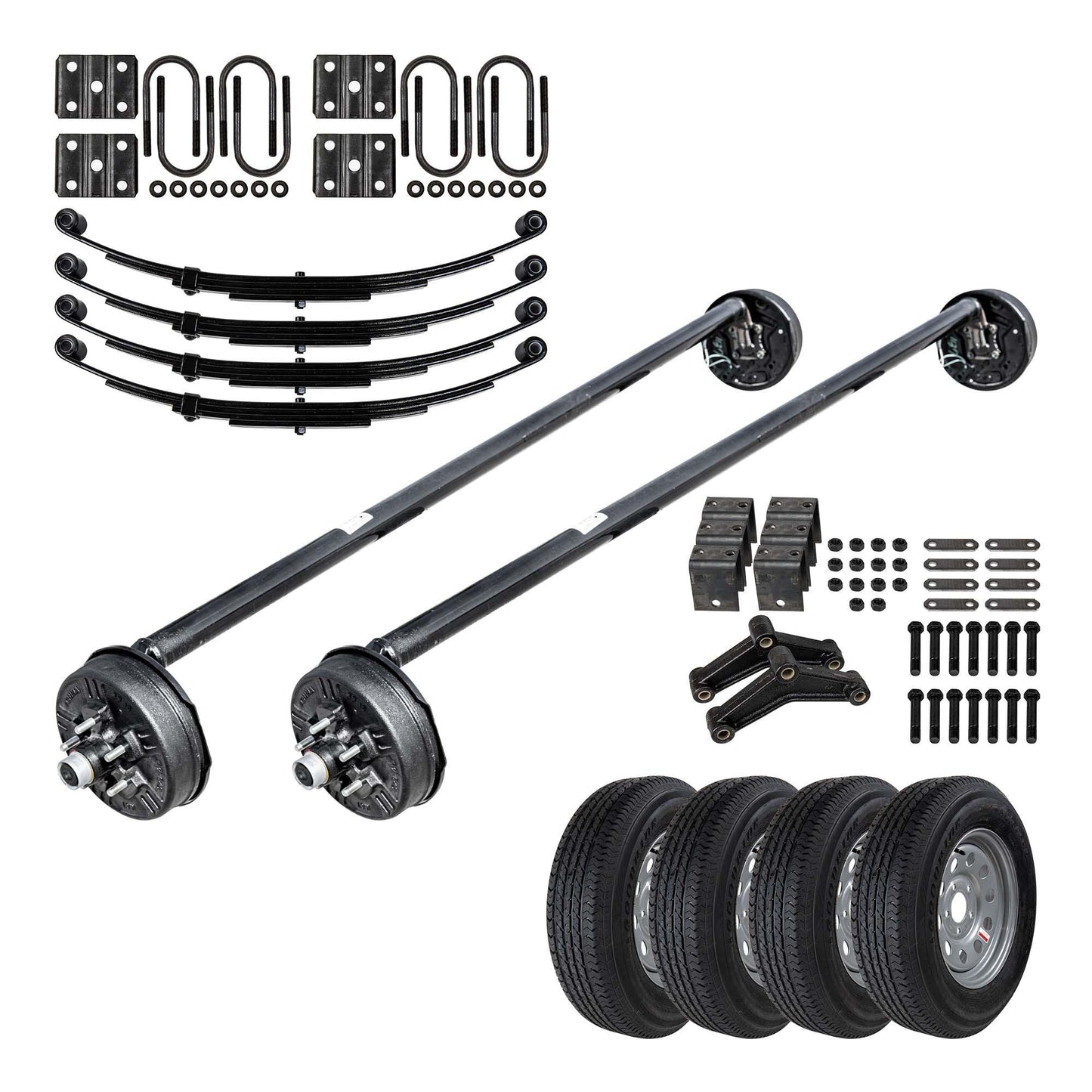 What's Included:
1 - 3.5k Electric Drum Brake Axle (5x4.5) - 4" Drop
2 - 1.75k 25.25" 4 leaf Double Eye Springs
1 - 3.5K U-Bolt Kits
1 - Double Eye Hanger Kit
This 3.5k TK Heavy Duty