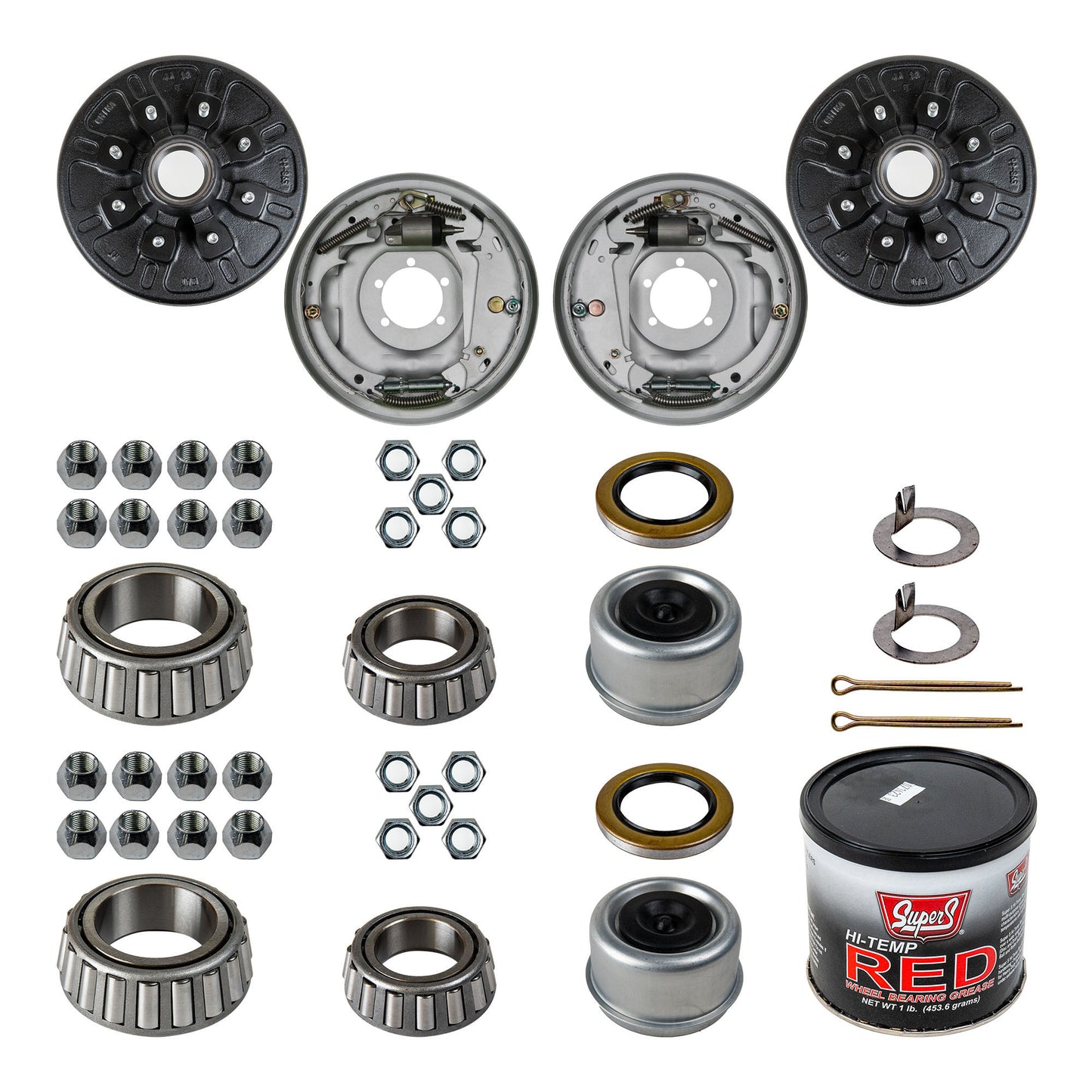 Complete axle service/repair kit for 7000 lb trailer axles.