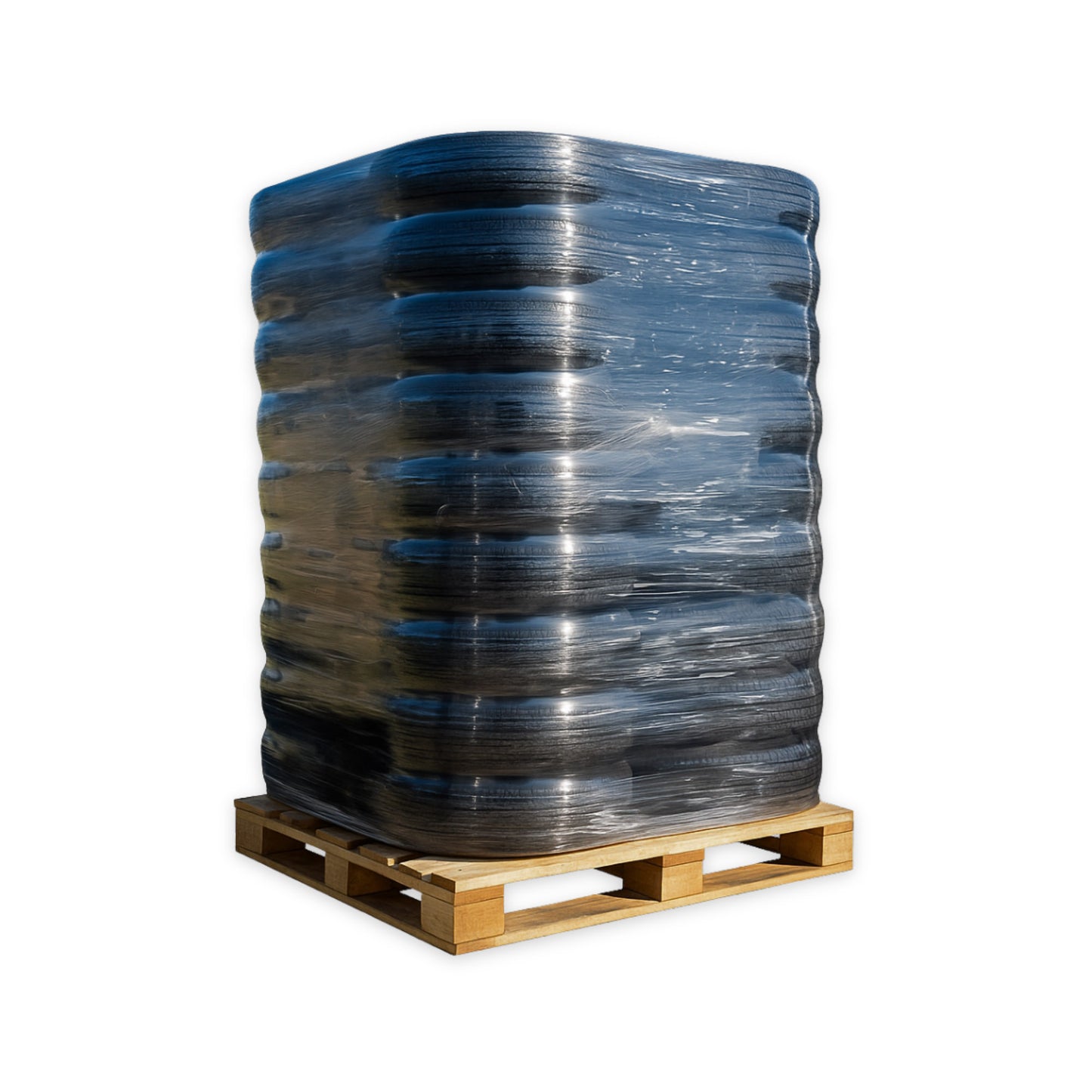 Bulk pallet of trailer tires wrapped in plastic on wooden pallet – trailer parts wholesale.