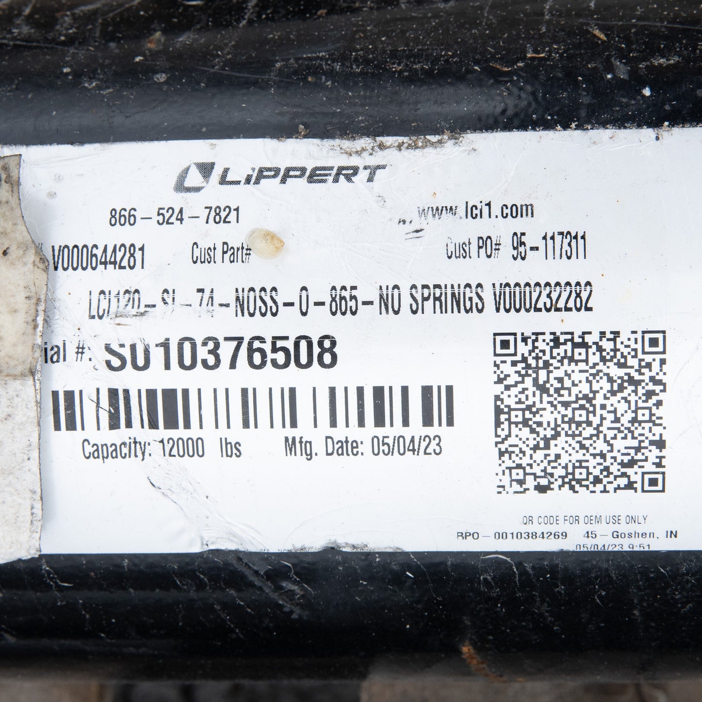 12k Lippert Trailer Axle - 12000 lb Idler 8 lug - Items Sold As Is