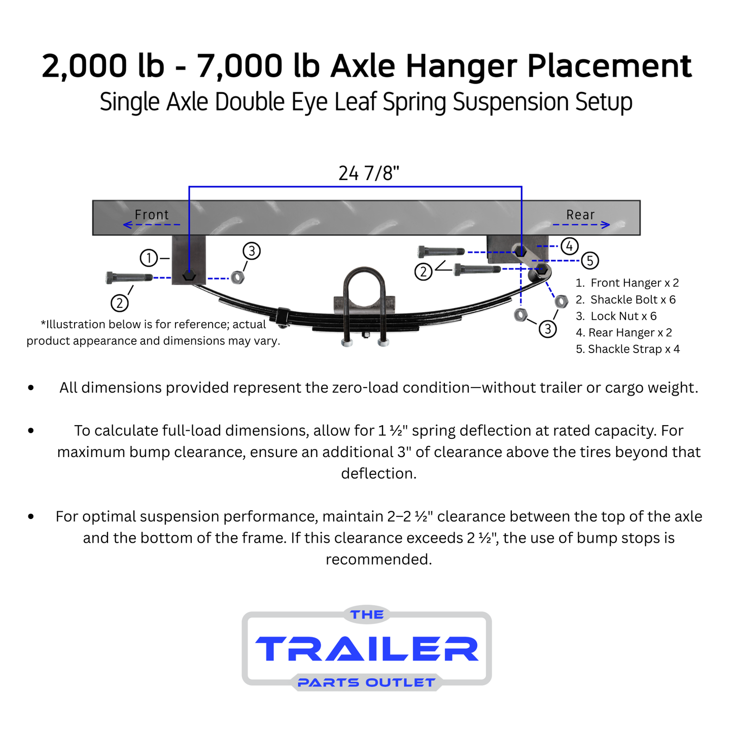 2,000 lb - 7,000 lb Single Axle Hanger Placement Diagram (2K - 7K Double Eye Leaf Spring Suspension Setup)