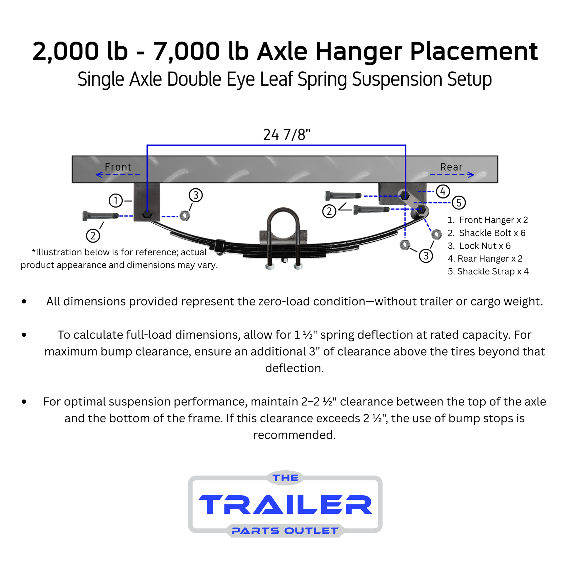 2,000 lb - 7,000 lb Single Axle Hanger Placement Diagram (2K - 7K Double Eye Leaf Spring Suspension Setup)