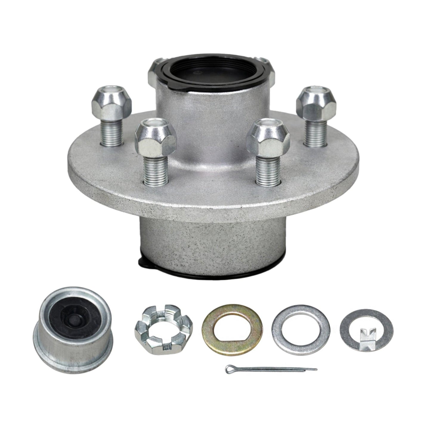 3500 lb Galvanized Trailer Axle Hub – Pre-Greased – 5 on 4.5" – Complete Hub Kit.