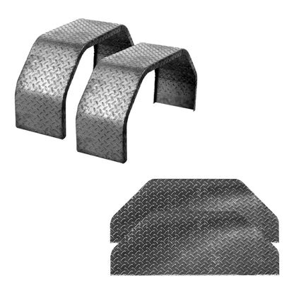 A set featuring two 14-gauge steel tread plate fenders and their corresponding fender backs. Each component is designed with durability and a tread plate pattern.