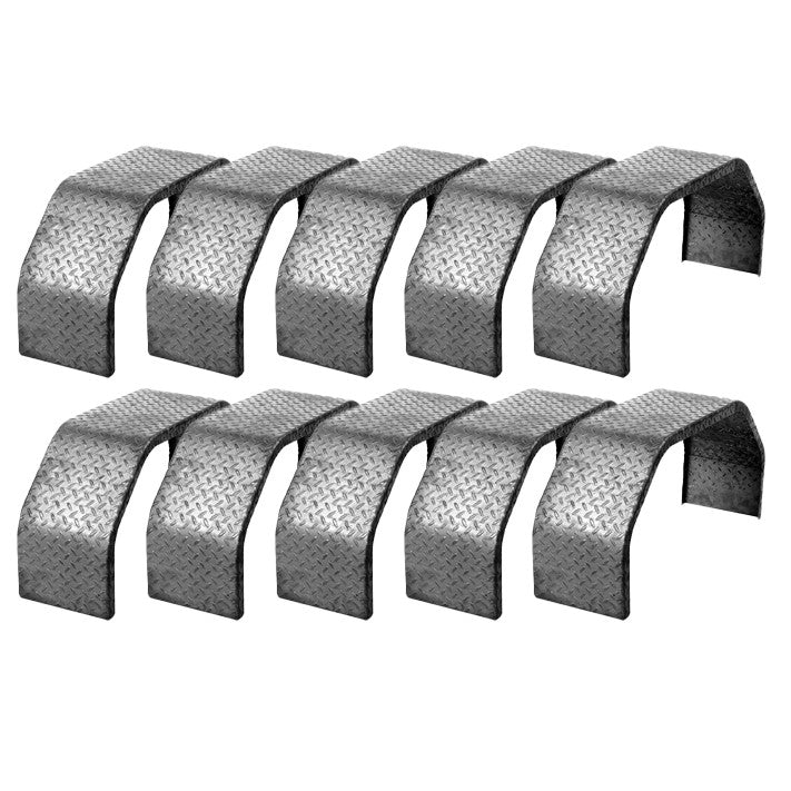 Bulk set of ten 14-gauge steel tread plate fenders, each measuring 32 inches in length, 17 inches in height, and 9 inches in width. All fenders present an aggressive, edgy look suitable for various trailers