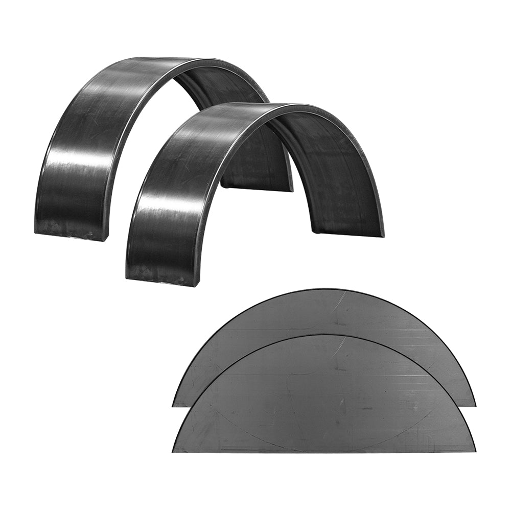 A set featuring two smooth steel rolled fenders and their corresponding fender backs. Designed for superior protection, both fenders and backs are tailored for single axle trailers with a sleek finish