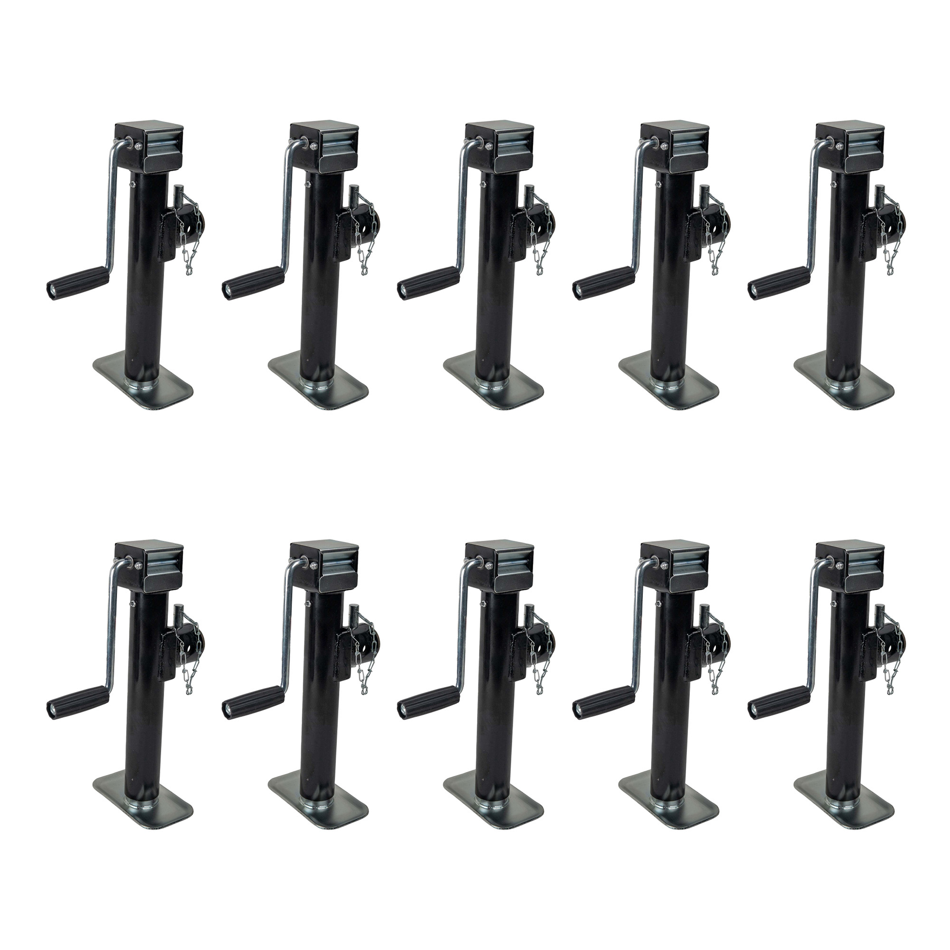 Specs:

Includes pin and lanyard assembly
pressed in grease zerk for easy greasing of the jack
Weld-on
Sidewind
Sand foot attached  
10" Lift
Black primer
5,000 StatPipe Mount 5k Trailer Jack