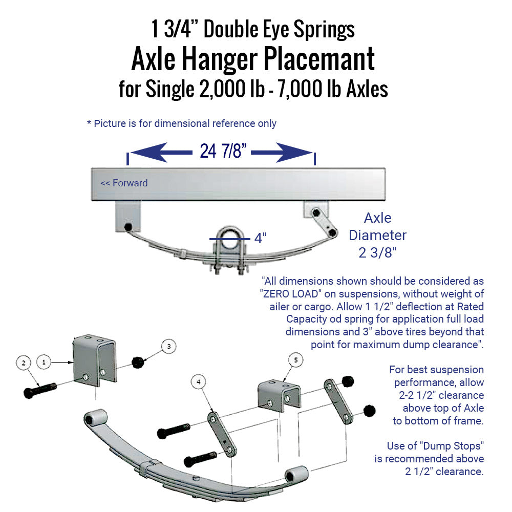 Trailer 4 Leaf Double Eye Spring Suspension and Single Axle Hanger Kit for 2 3/8" Tube - 3500 Pound Axle