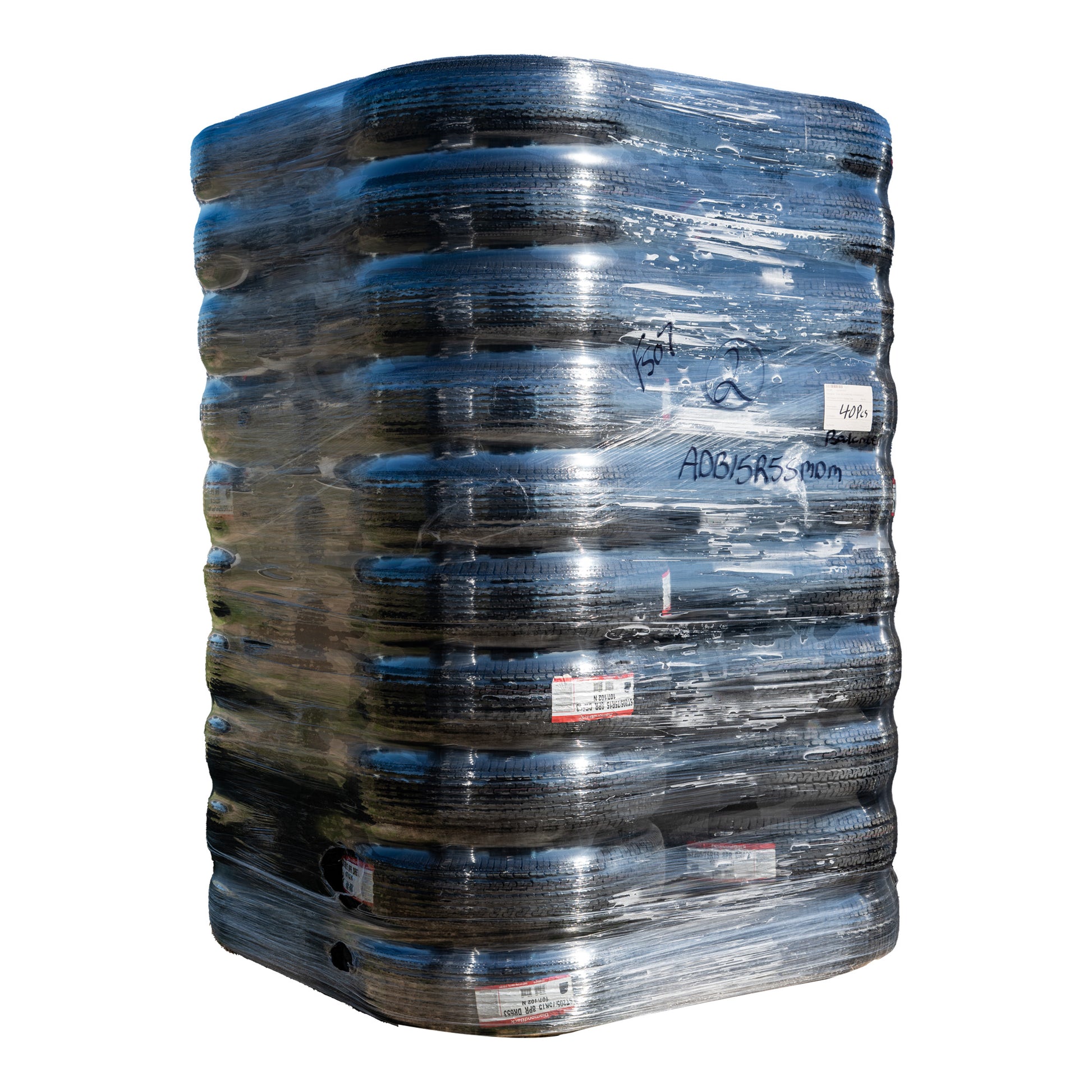 Pallet stacked with multiple Taskmaster 13" Radial Trailer Tires & Wheels, emphasizing the product's uniformity and consistent silver/gray finish. The stacked arrangement hints at bulk availability